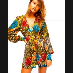 Free People Blue and Red Graphic Jumpsuit